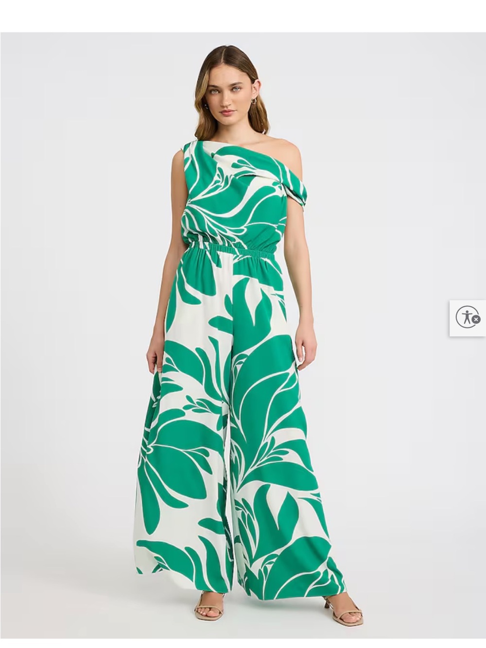 Express Green & White One-Shoulder Wide-Leg Jumpsuit